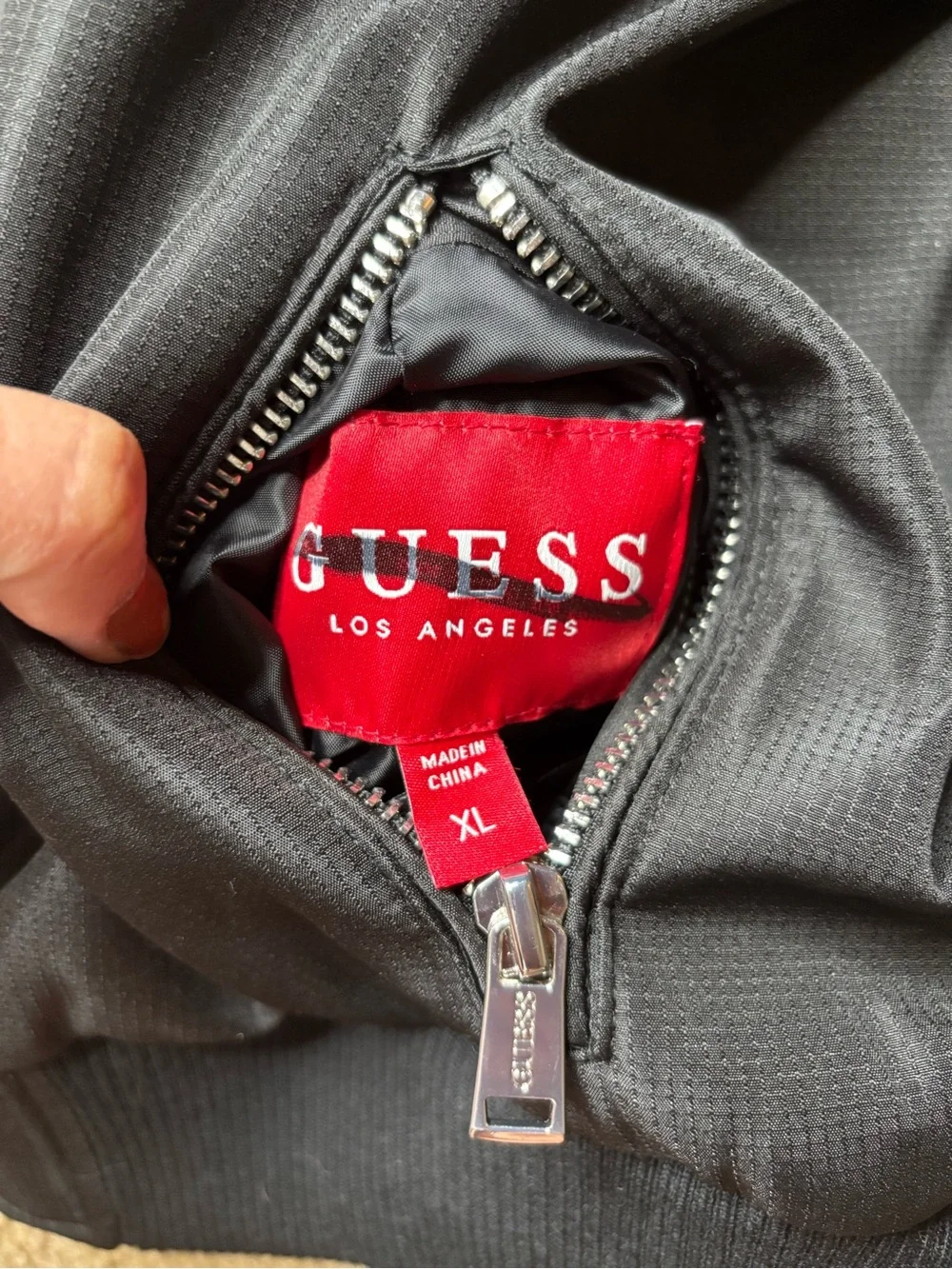 GUESS Men's Black Bomber Jacket with Silver Zippers